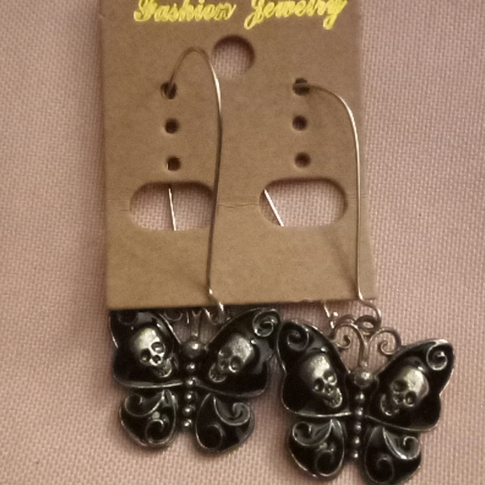 Butterfly skull head earrings black silver
